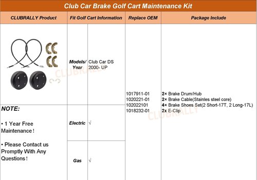 CLUBRALLY Club Car DS Deluxe Brake Golf Cart Maintenance Kit 2000 up -Contain Brake Drum/Hub,Brake Cables & Brake Shoes
