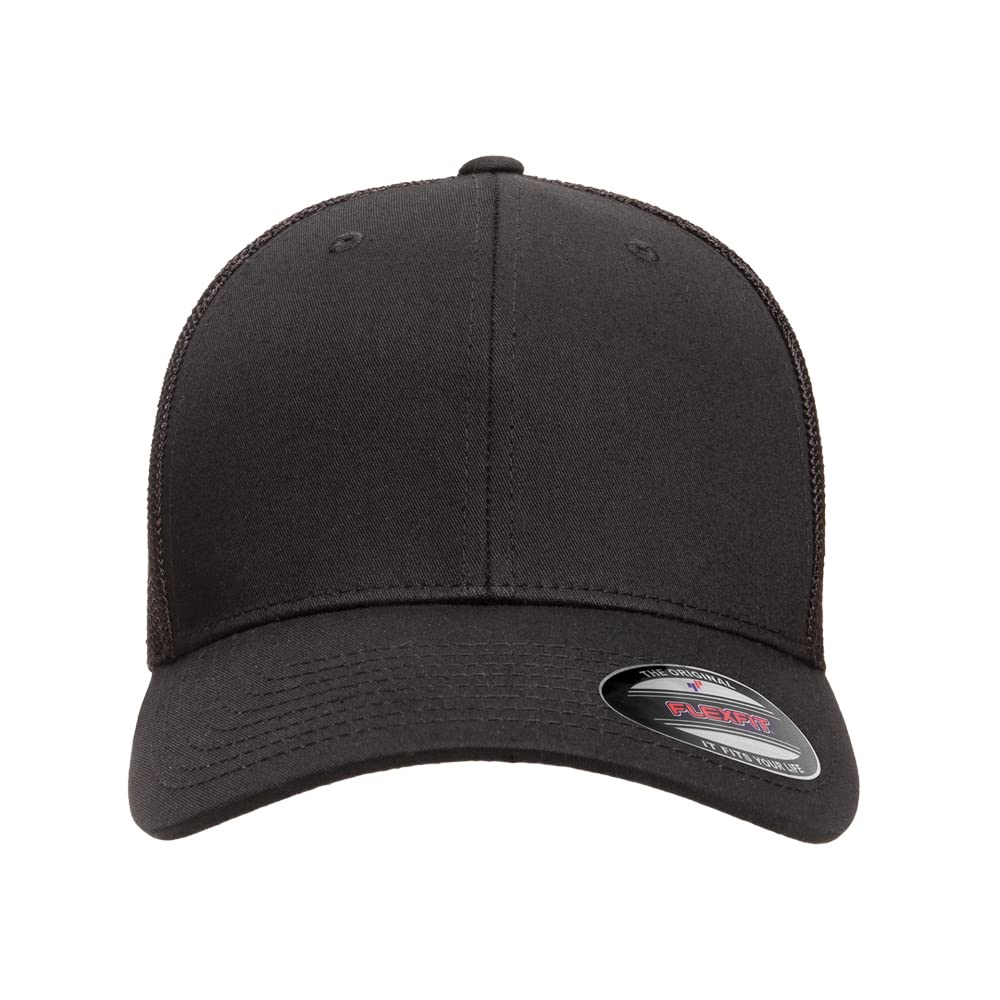 Flexfit 6511 Fitted Mid-Profile Stretchable Mesh Panels Trucker Cap | Bulk Pack Available (Black, L/XL)