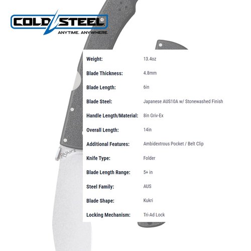 Cold Steel Rajah ll Japanese AUS10A 6" Blade 8" Griv-Ex Handle Tactical Folding Knife with Tri-Ad Lock, Ambidextrous Pocket/Belt Clip