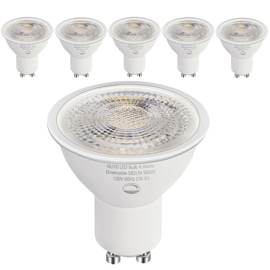 SETEN 6 Pack GU10 LED Bulbs, 6W (50W Halogen Equivalent) Dimmable 5000K Daylight, 580LM, for Track Lighting, Recessed Can Lights, Kitchen & Display Lighting