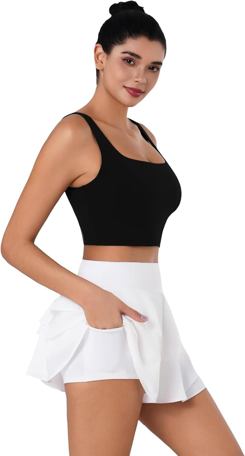 Sunzel Square Neck Longline Sports Bra - Padded Yoga Crop Tank Top with Wide Straps for Women