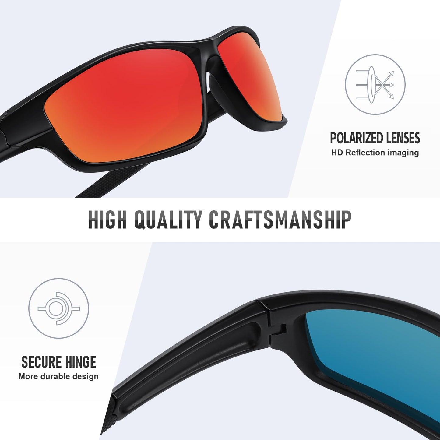 Ofwin Polarized Sports Sunglasses for Men Women Driving Cycling Fishing Wrap Around Sun Glasses UV400 Protection Matte Black Frame/Red Mirror Lens