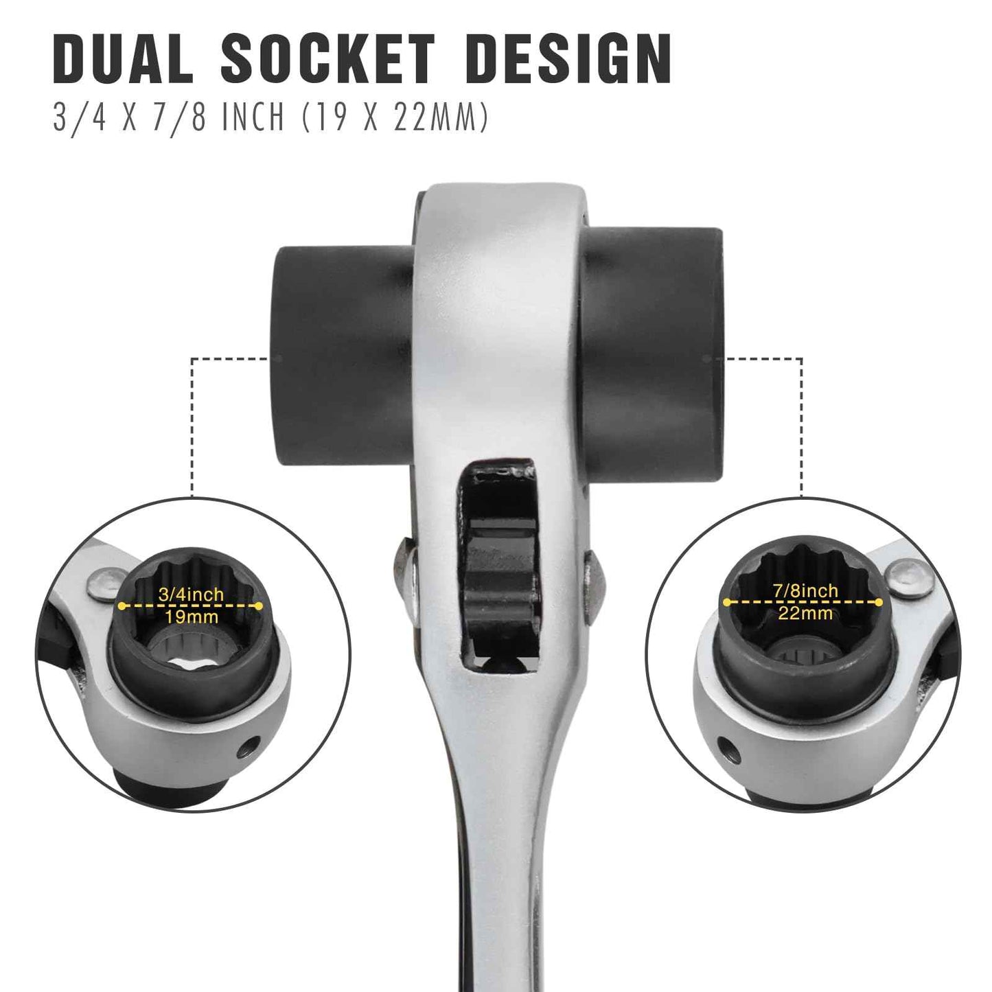 YOUKOOL 19mm x 22mm OR 3/4"×7/8" Ratcheting Scaffold Podger & Spud Wrench – 12-Point Double Ended Socket, Heavy-Duty Cr-V Steel Scaffold Tool,Silver