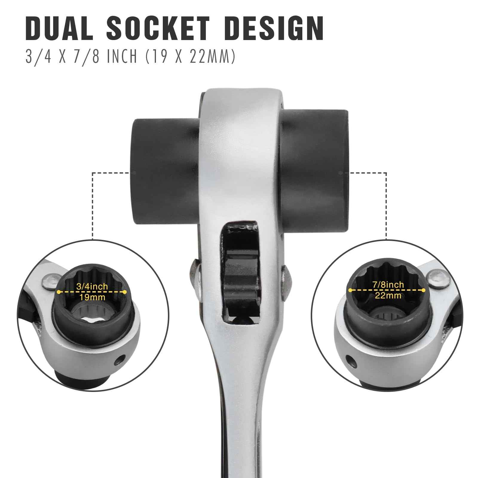 YOUKOOL 19mm x 22mm OR 3/4"×7/8" Ratcheting Scaffold Podger & Spud Wrench – 12-Point Double Ended Socket, Heavy-Duty Cr-V Steel Scaffold Tool,Silver