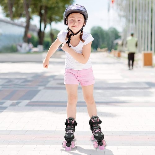 MammyGol Roller Skates for Kids Boys Girls, Adjustable Quad Skates with Light Up Wheels for Toddler Big Kids Ages 6-12 Size 3 4 5 6, Beginners Outdoor Sports, Pink
