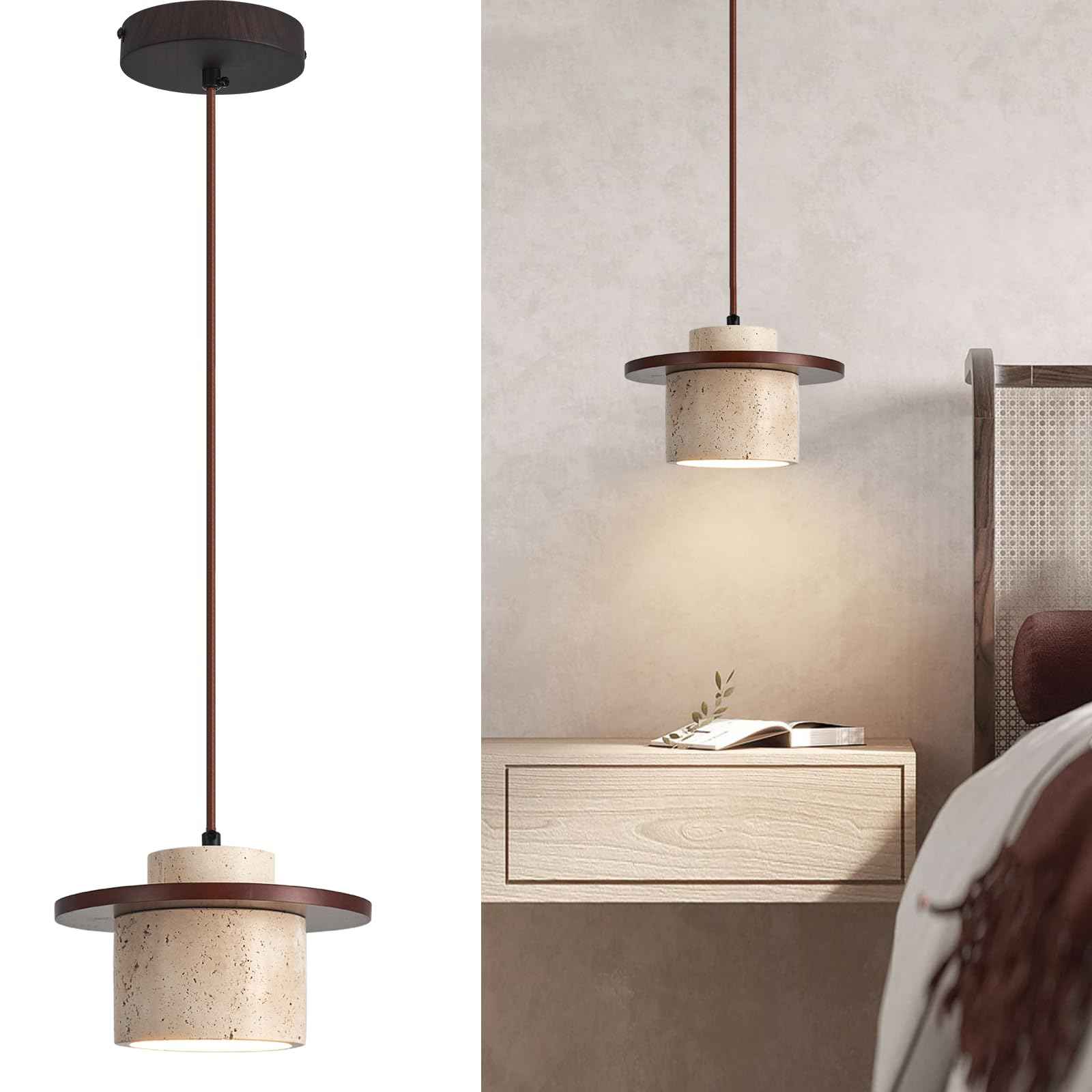 ADCTHOME Nordic Natural Stone Pendant Light Wabi-Sabi Yellow Cave Stone Chandelier, Dimmable Modern Wood Hanging Lamp Fixture for Kitchen Island,Dining Room,Bedside,Restaurant,Cafe,Bedroom(1-Pack)