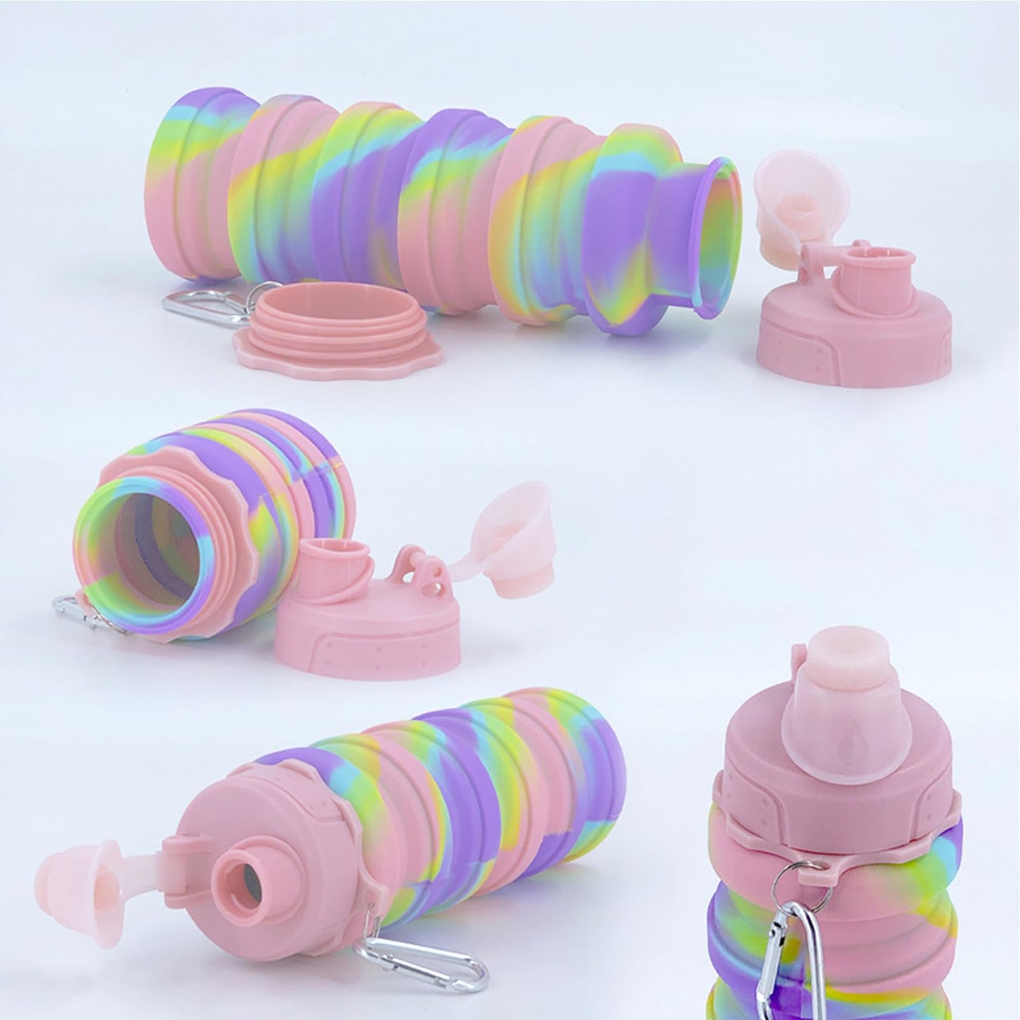 YCTMALL Collapsible Water Bottles Two Pack Travel Sports Portable Sport Water Bottle comes with mountaineering Buckle 500ml silicone Water-proof camping water bottle (Blue camouflage+Pink camouflage)