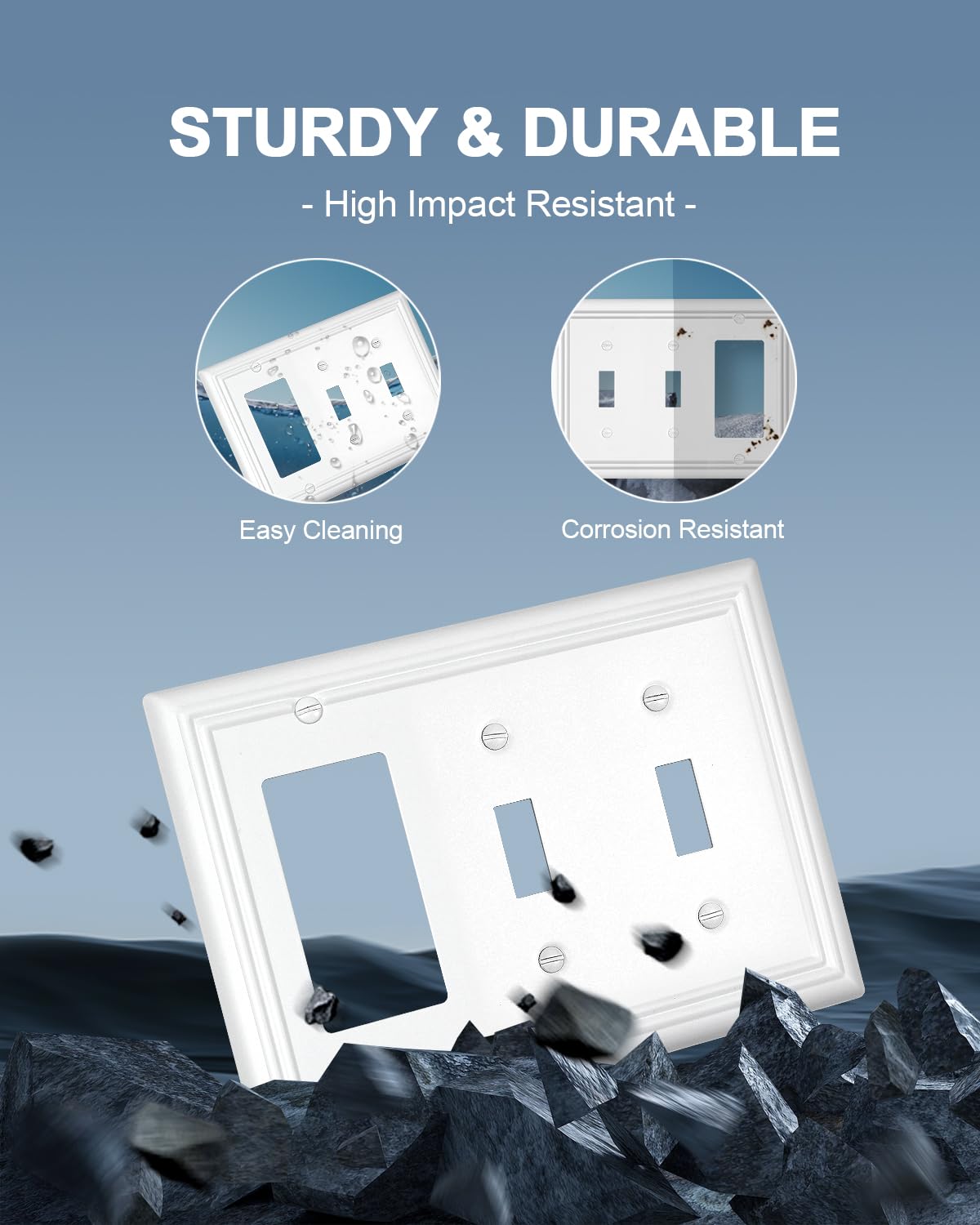 ZILLSEA Pure White 2 Toggle/1 Decorator Wall Plates, 1-Pack Combo Double Toggle/Single Rocker Switch Plates, Durable Metal, 3-Gang, 6.77''*4.88'', Midsize