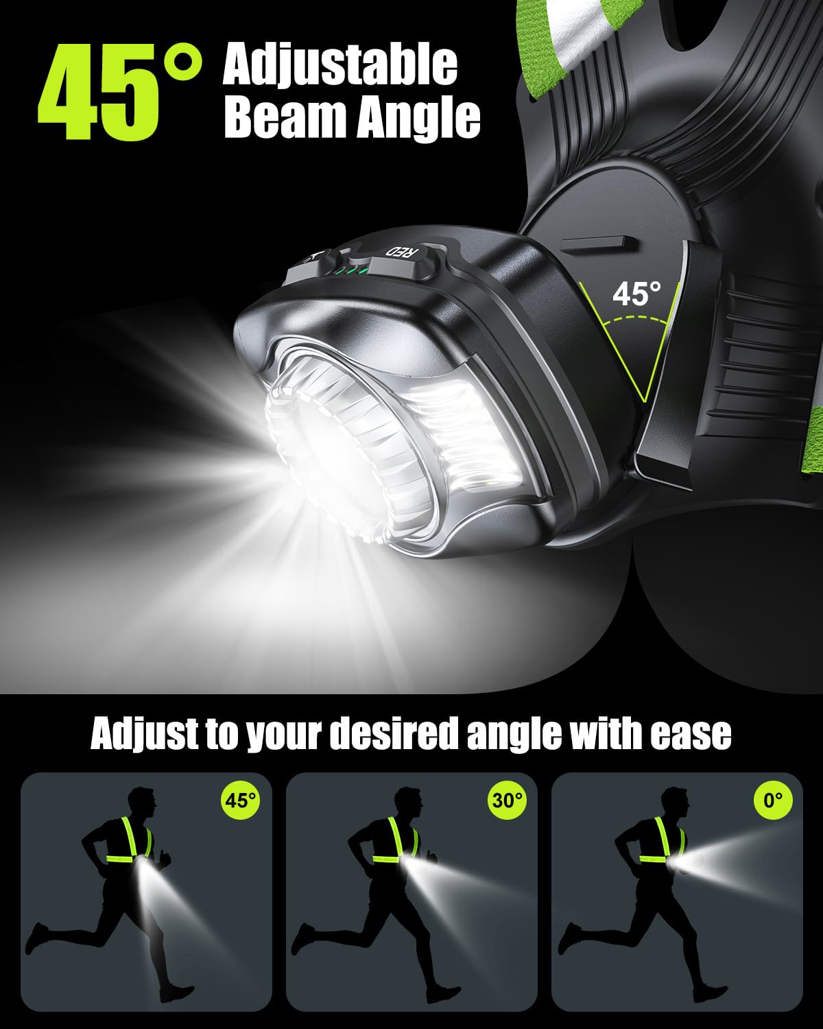 Dawinga Running Lights for Runners with Rear Light, 500 Lumens Running Light with 45° Adjustable Beam & IPX4 Waterproof, Rechargeable Reflective Vest Gear for Night Walking/Jogging, 4-20Hrs Runtime