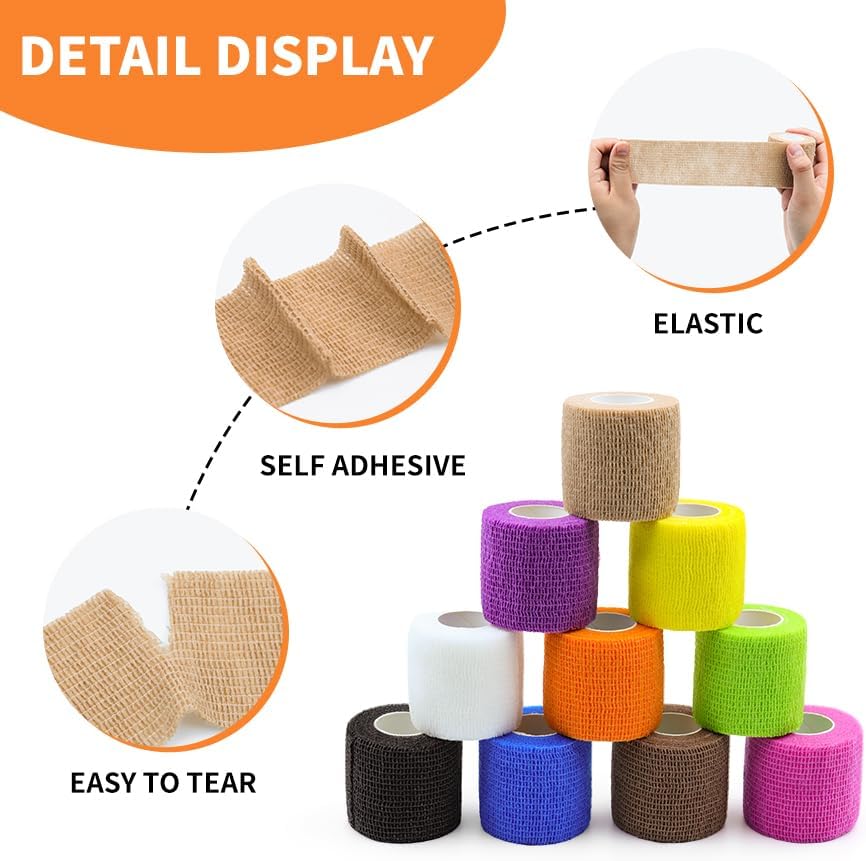 Skiennix Self-Adhesive Bandage Wraps - 24 Pack, 2" x 5 Yards, Breathable Elastic in 12 Colors