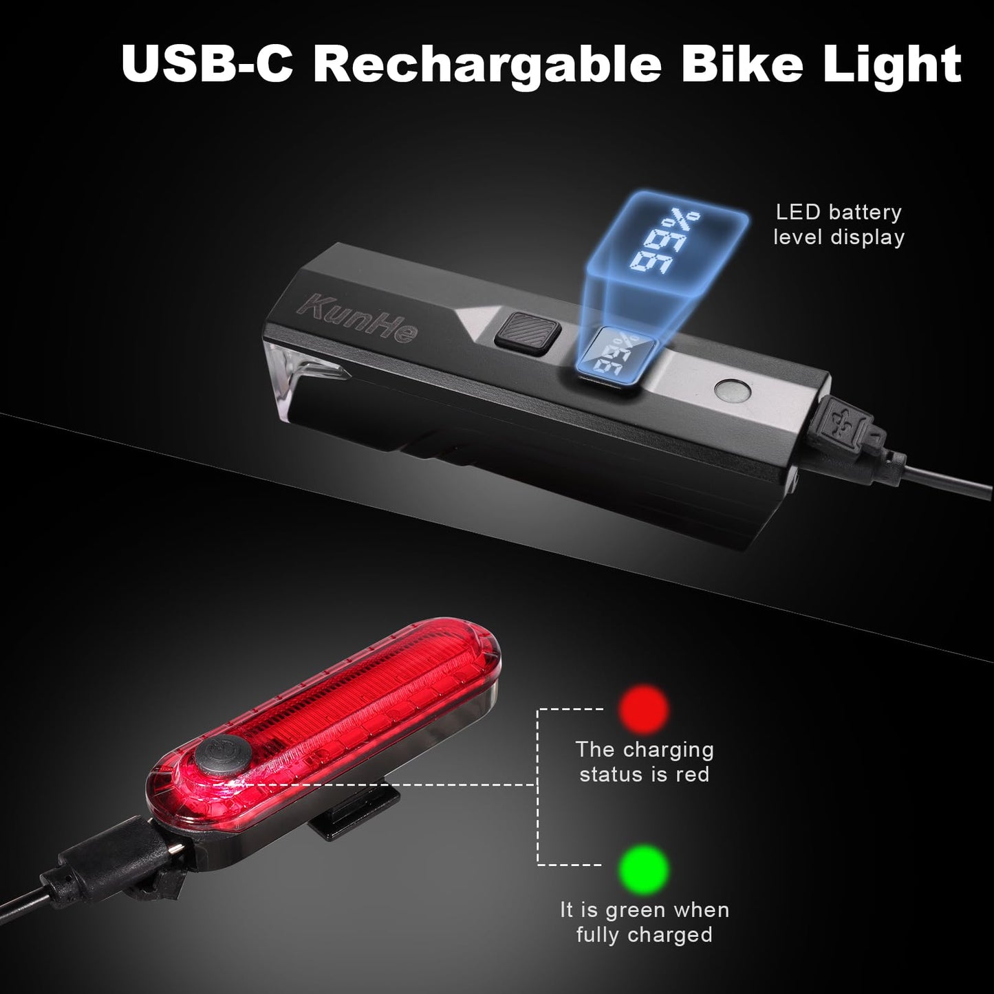 KunHe 2 Pack 300 Lumens 1600 Amh Bike Light Set Rechargeable Front & Rear Bicycle Lights with Auto Dimming IPX4 Waterproof 5 Modes for Cycling