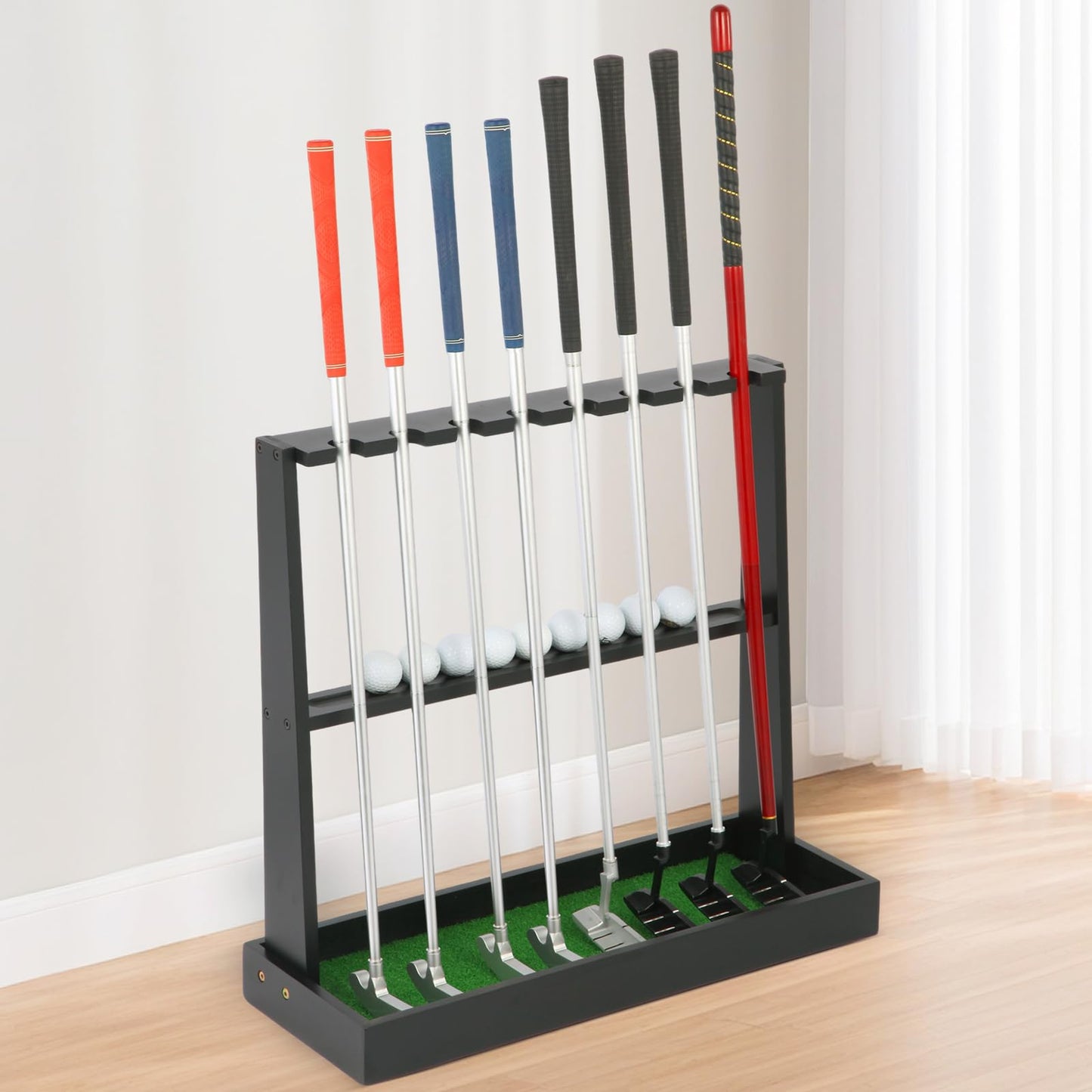 Xnwouco Golf Putter Stand, Golf Club Holder Stand Floor Display Rack - Holds 8 Clubs & 12 Balls with Artificial Grass Base, Wood Outdoor Golf Club Organizer for Indoor, Home, Office, Golf Club, Black