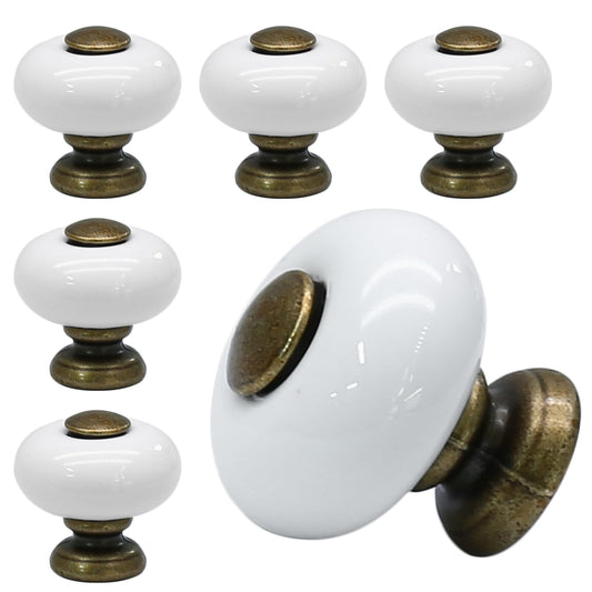 Suiwotin 6pcs White Ceramic Drawer Knobs, Vintage Dresser Knobs with Antique Bronze Point & Base, Decorative Pull Handles for Closet, Cupboard (Small)
