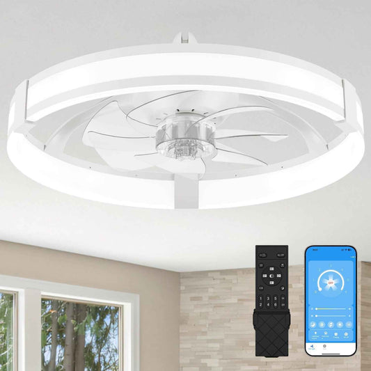 Smart Bladeless LED Ceiling Fan with Lights & Remote - 20" Black Low Profile Flush Mount for Bedroom
