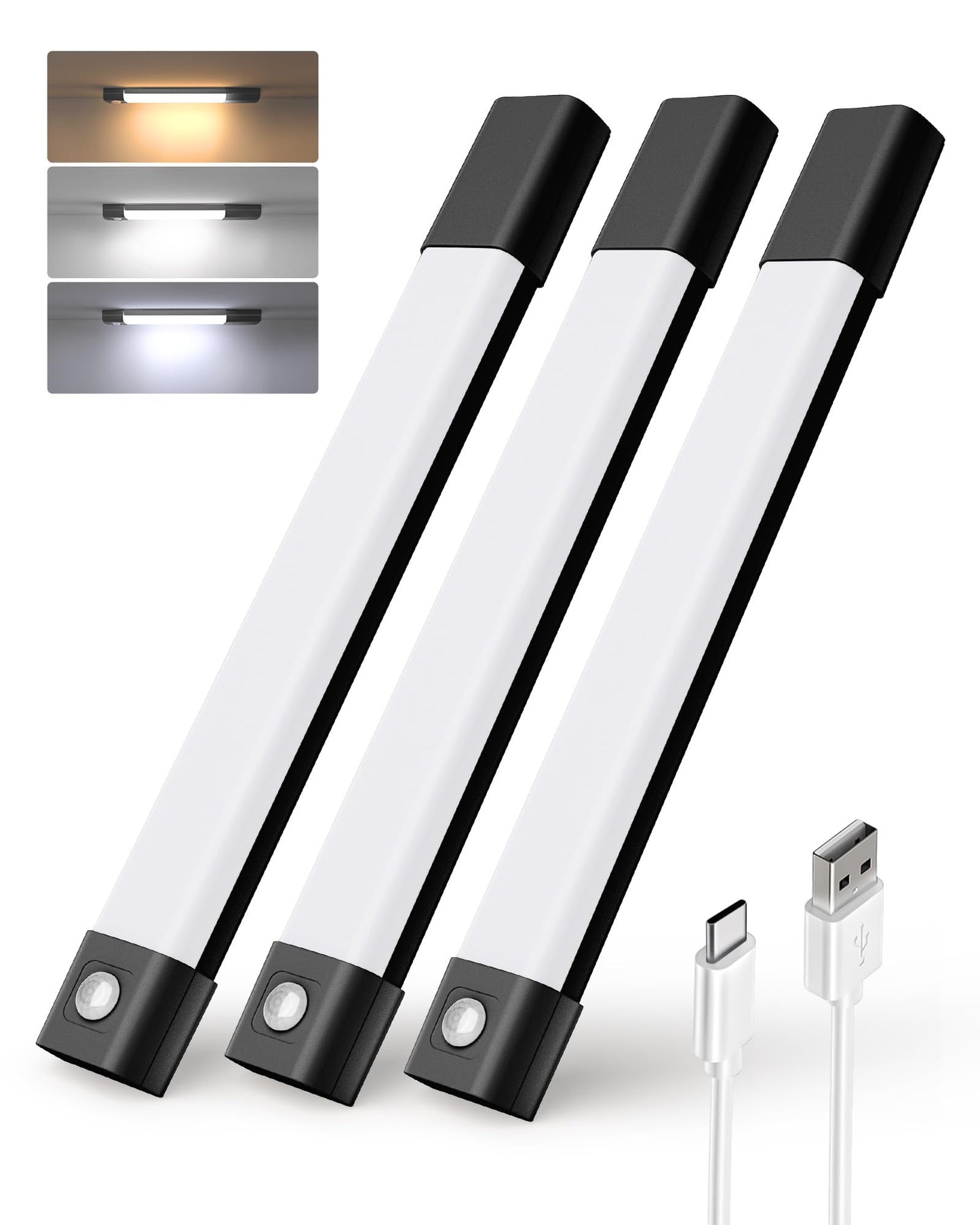 EZVALO Under Cabinet Lighting, Wireless Closet Lights, 50 LED Rechargeable Motion Sensor Light, Dimmable, 3 Color Temperatures, 11.8 in Counter Lights for Kitchen, Pantry, Wardrobe (3 Pcs, Black)
