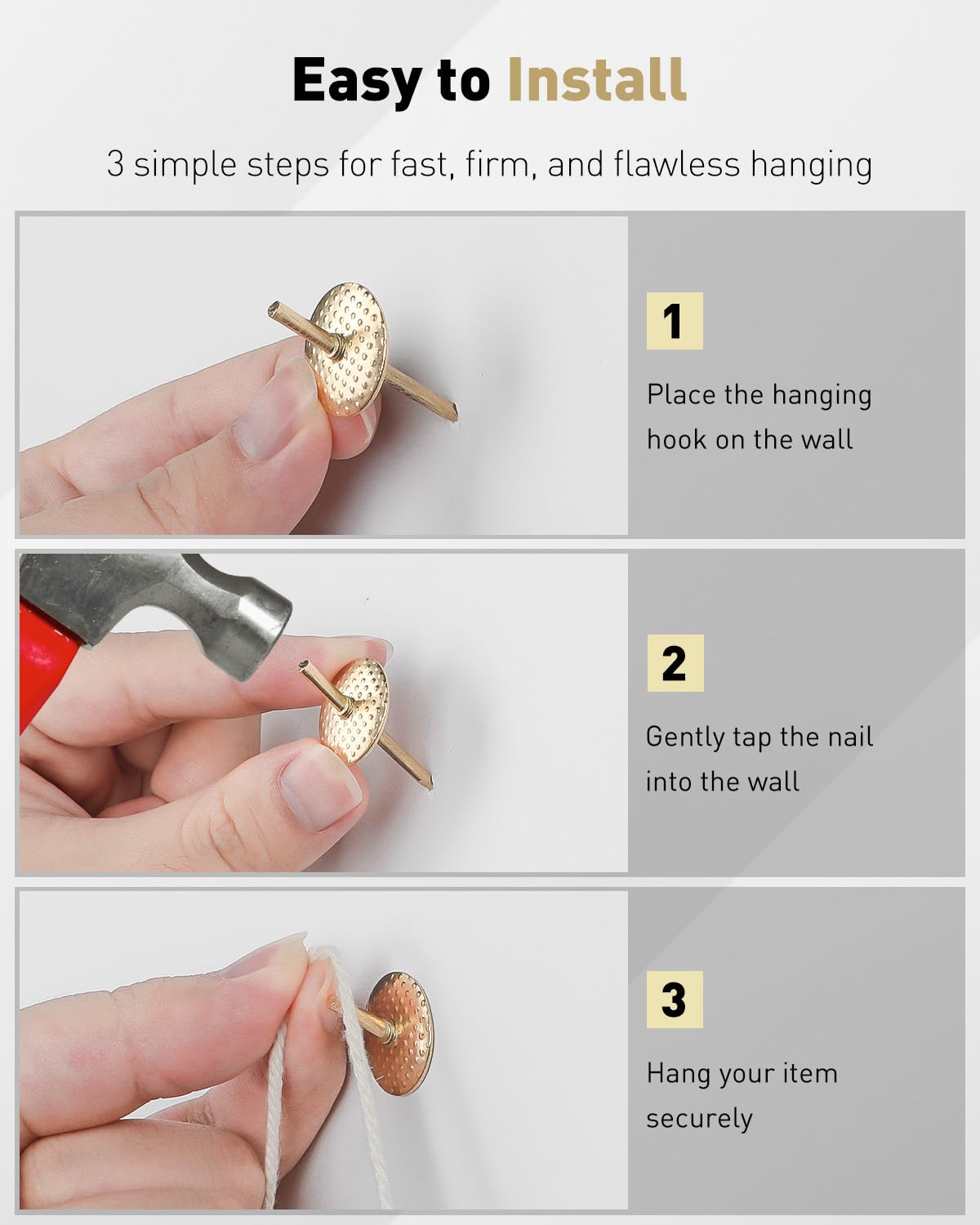 Uniclife 80 Pcs Picture Hangers, Picture Hanging Kit, 4 Size Picture Hanging Hooks, Picture Hanging Nails, Long Picture Hooks for Photo Frame Art Mirror and Décor, Gold