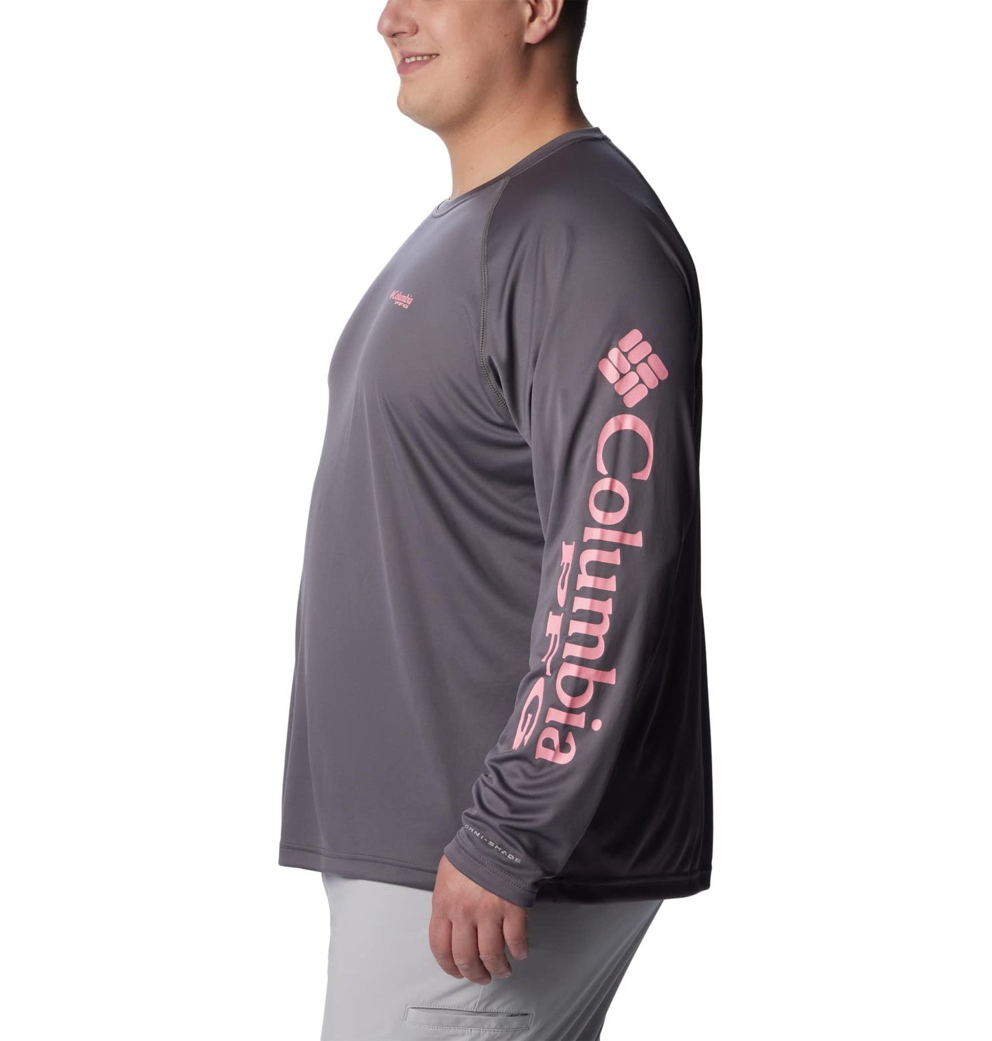 Columbia Men's Terminal Tackle Long Sleeve Shirt, City Grey/Pink Pop Logo, 5X Tall