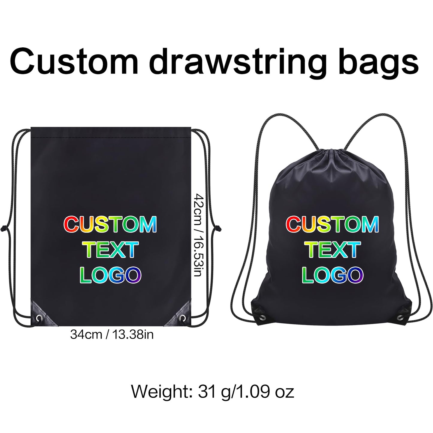 Scanect custom drawstring Backpacks bags 5/10/50/100 Pack, personalized Logo Text, bulk, Black