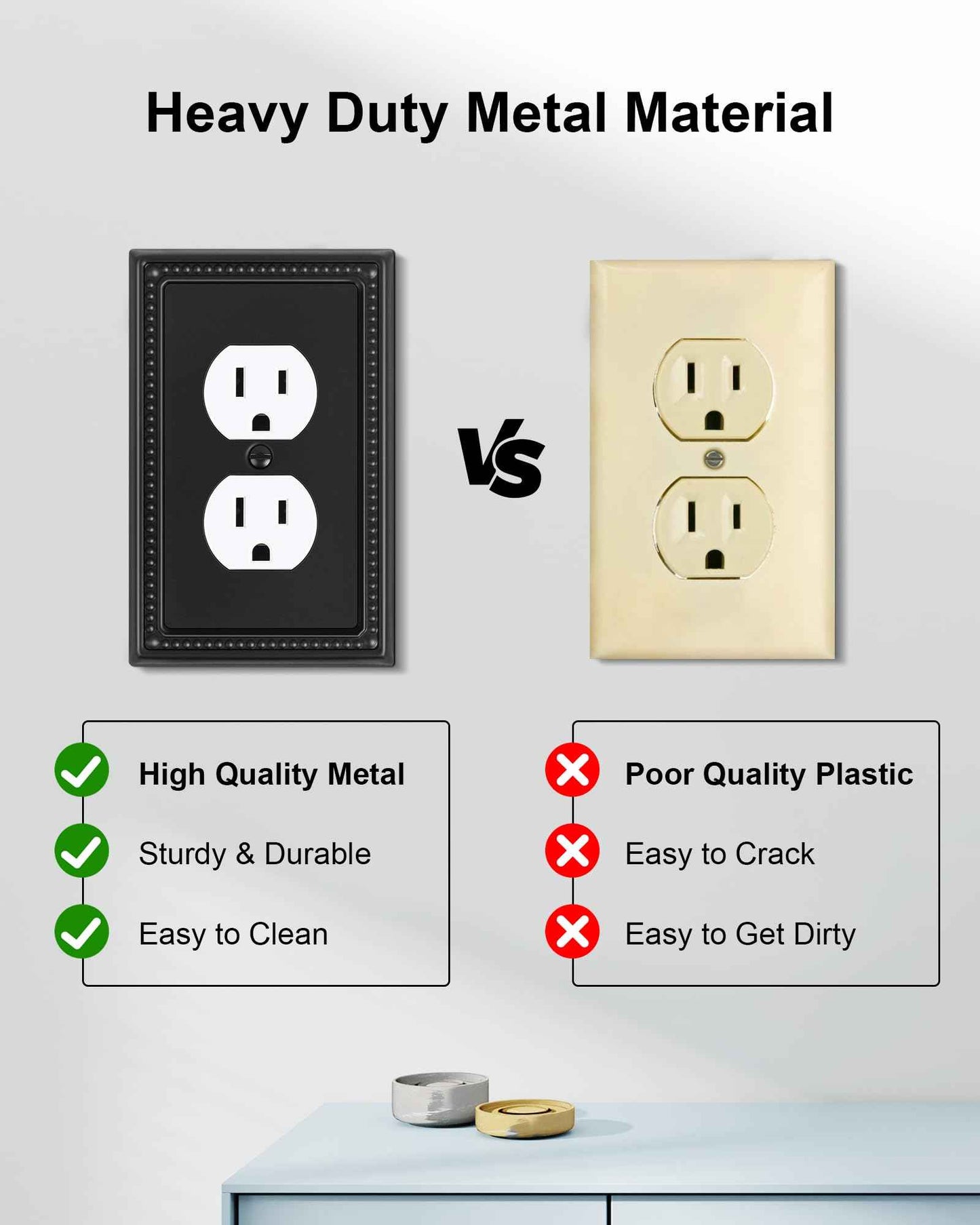 TREEWELL 6-Pack Duplex Outlet Cover, Black Metal Wall Plates for Electrical Outlets, 1 Gang Receptacle Light Switch Cover, Pearls Beaded Decorative Switch Plates and Outlet Covers