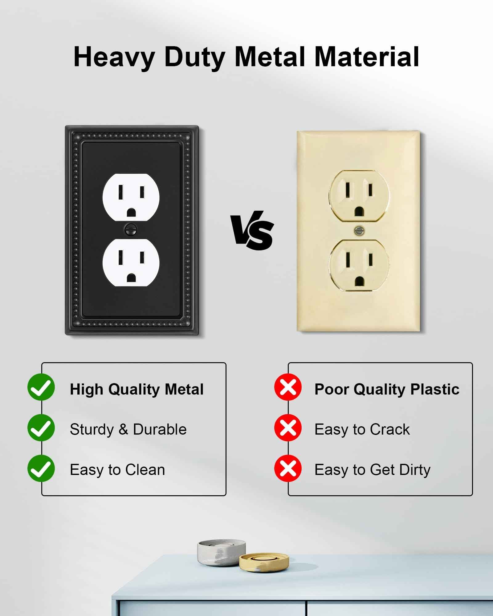 TREEWELL 6-Pack Duplex Outlet Cover, Black Metal Wall Plates for Electrical Outlets, 1 Gang Receptacle Light Switch Cover, Pearls Beaded Decorative Switch Plates and Outlet Covers