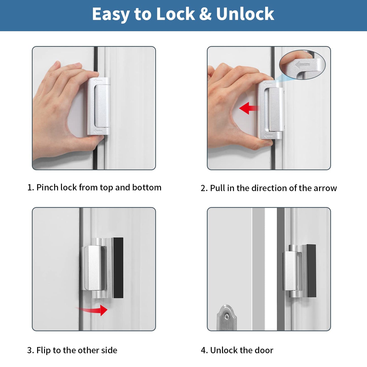 Home Security Door Reinforcement Lock Safety Latch Extra Front Doors Security Devices, Anti Door Kick in Safety Protector for Door Inside, Child Proof Aluminum Locks Silver 1Pack