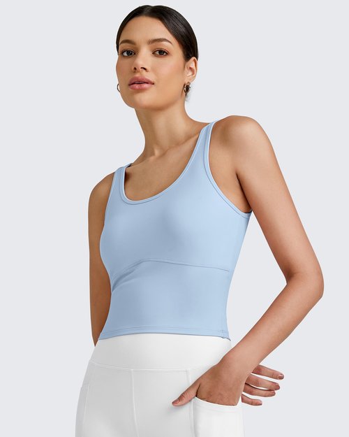 G4Free Work Out Tops Gym for Women Built in Bra Padded U Neck Yoga Long Line Sports Bras Active Running Gym Casual Top (Light Denim,M)