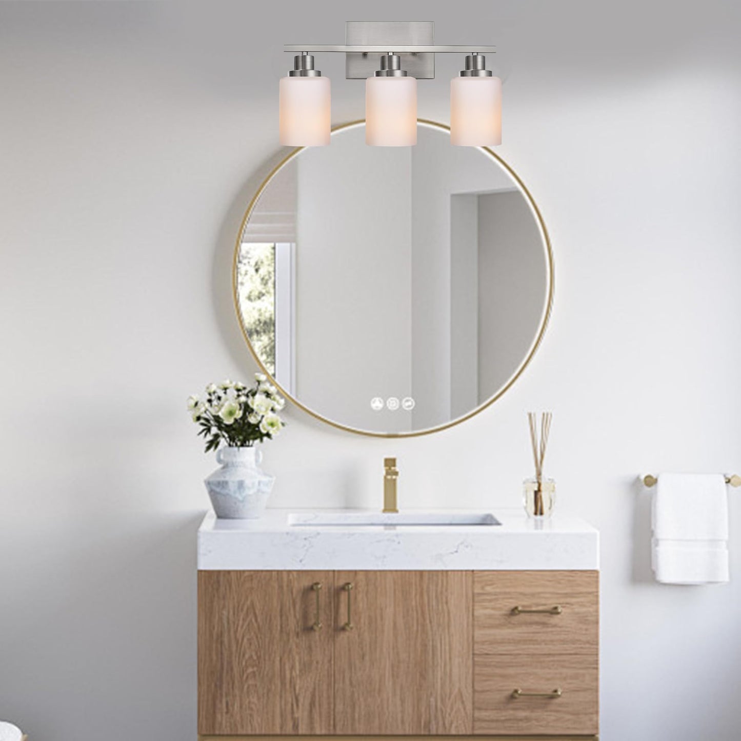 Wanluce 3-Light Bathroom Vanity Light Brushed Nickel Bathroom Lighting Fixtures Over Mirror with Opal White Glass Shade, Polished Nickel Finish Vanity Wall Sconces Fixtures for Bedroom Living Room