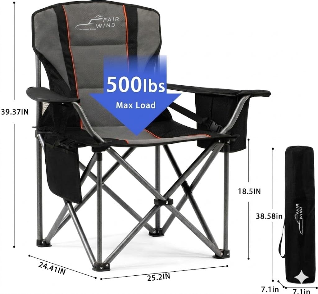 FAIR WIND Oversized Padded Camping Chair with Footrest Stool Heavy Duty Cooler Bag Chair for Fishing, Tailgating, Sports Games, Backyard - Support 300 LBS Blue