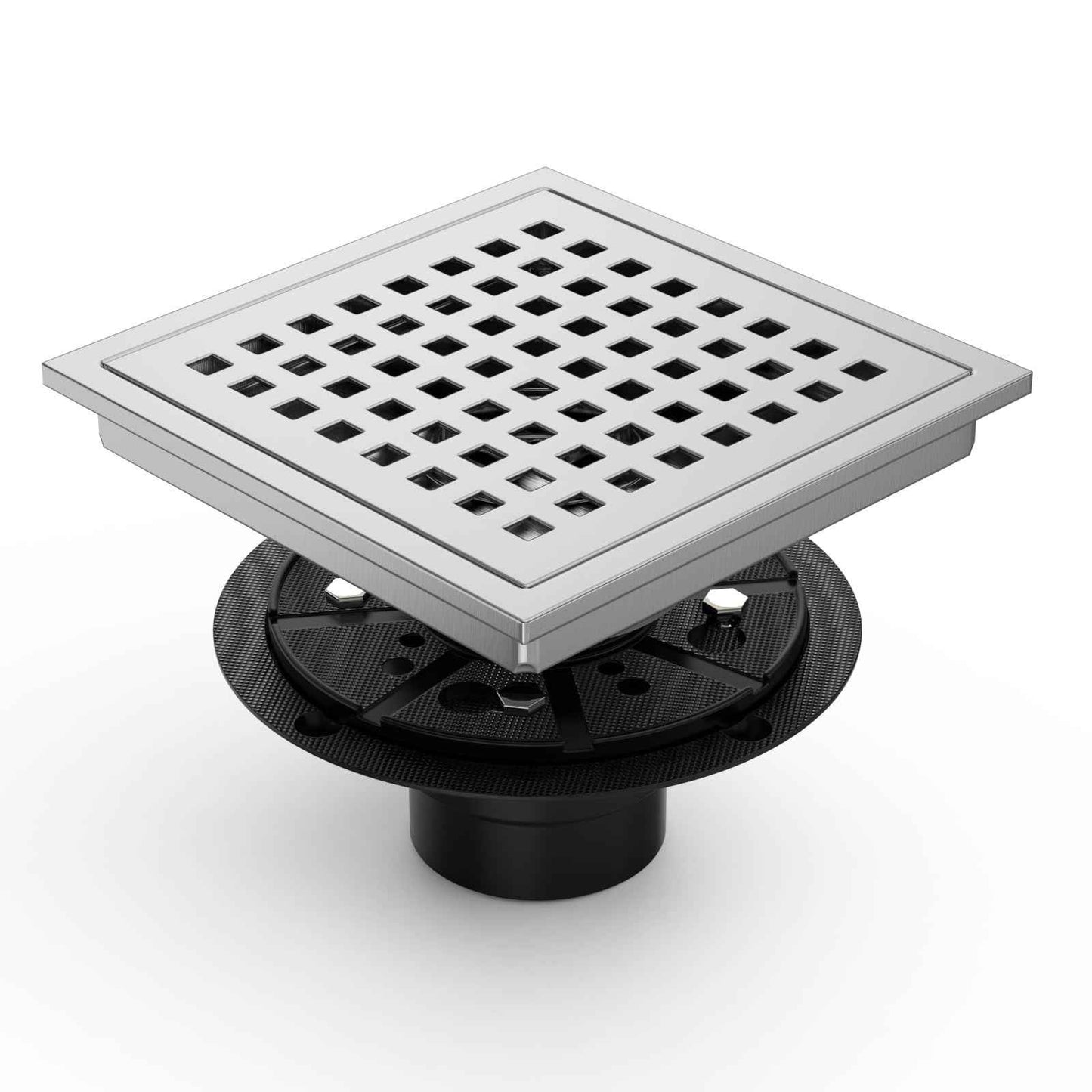 Premium 6 Inch Square Shower Floor Drain with Flange - Quadrato Pattern Removable Grate, Brushed Nickel Food-Grade SUS 304 Stainless Steel