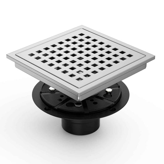 Premium 6 Inch Square Shower Floor Drain with Flange - Quadrato Pattern Removable Grate, Brushed Nickel Food-Grade SUS 304 Stainless Steel