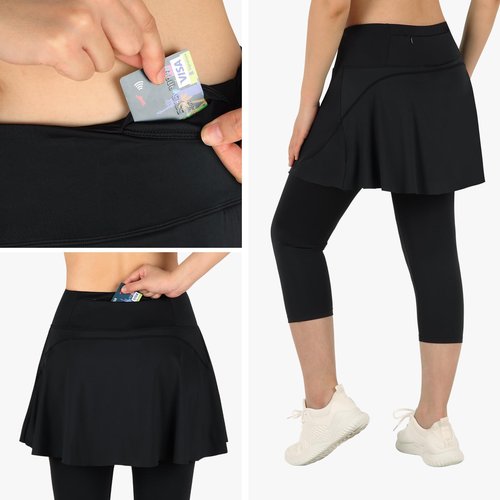 ANIVIVO Skirted Leggings for Women with Pockets, Tennis Yoga Golf Pickleball Skirt with Capris Leggings(All-Black,M-Huan)