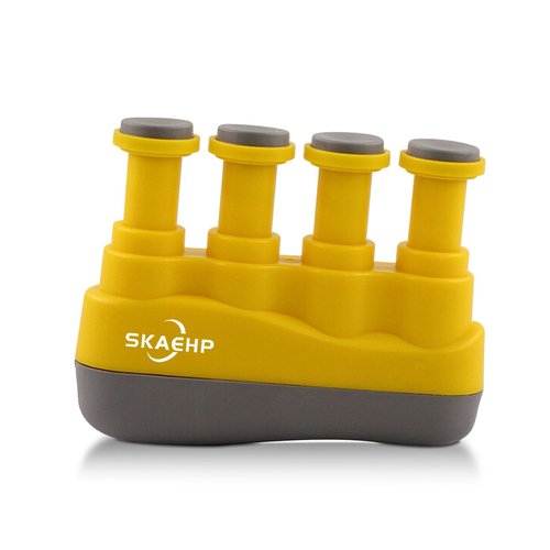 Hand exerciser - Improves finger, hand, and forearm flexibility and strength - Adjustable tension for each finger - Simulates guitar strings to help build calluses - Comfortable workout - Yellow and gray