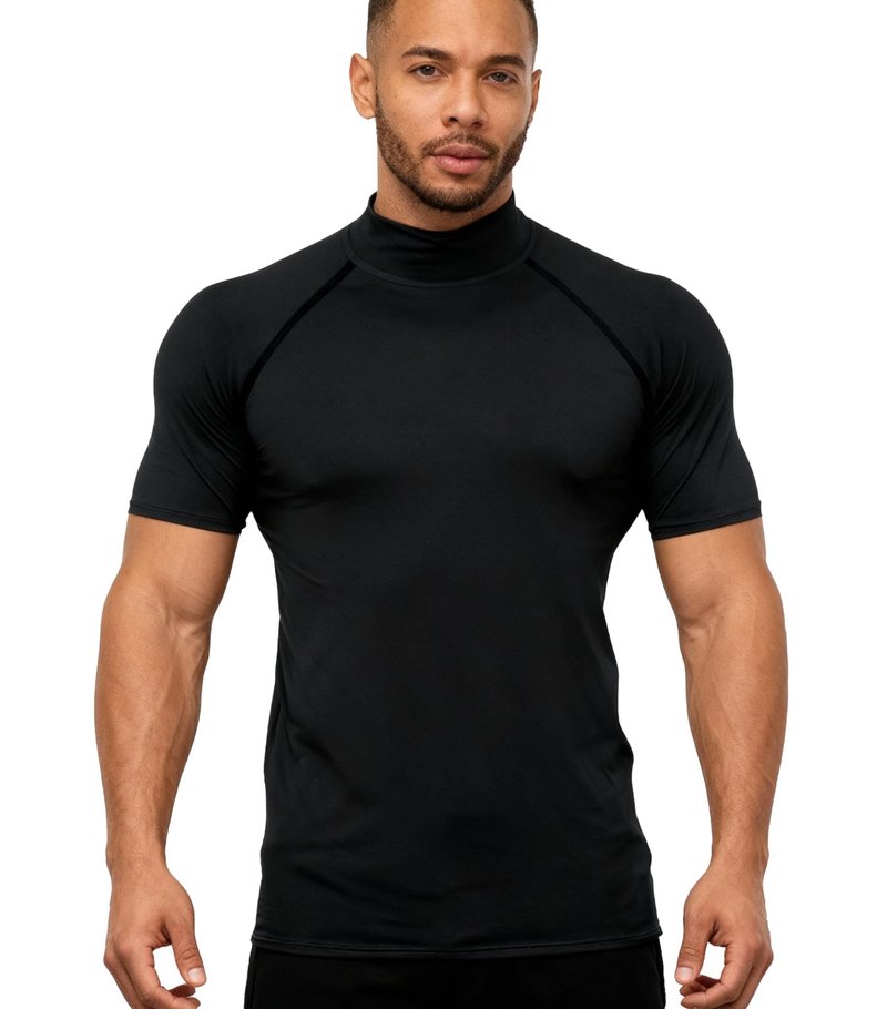 Red Plume Mens Compression Mock Turtleneck Short Sleeve Shirt High Neck Athletic Tops Football Run Pullover Sports Undershirt Black