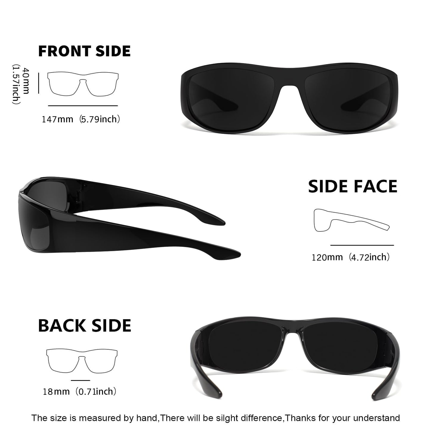 WISTON XL Wrap Around Sunglasses for Big Heads Men Women Super Dark Blackout UV400 Shades for Sensitive Eyes Sports Driving W8005 Matte Black/Dark Black