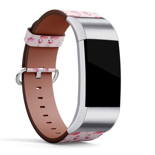 Compatible with Fitbit Charge 2 - Leather Watch Wrist Band Strap Bracelet with Stainless Steel Clasp and Adapters (Flamingo Watercolor On)