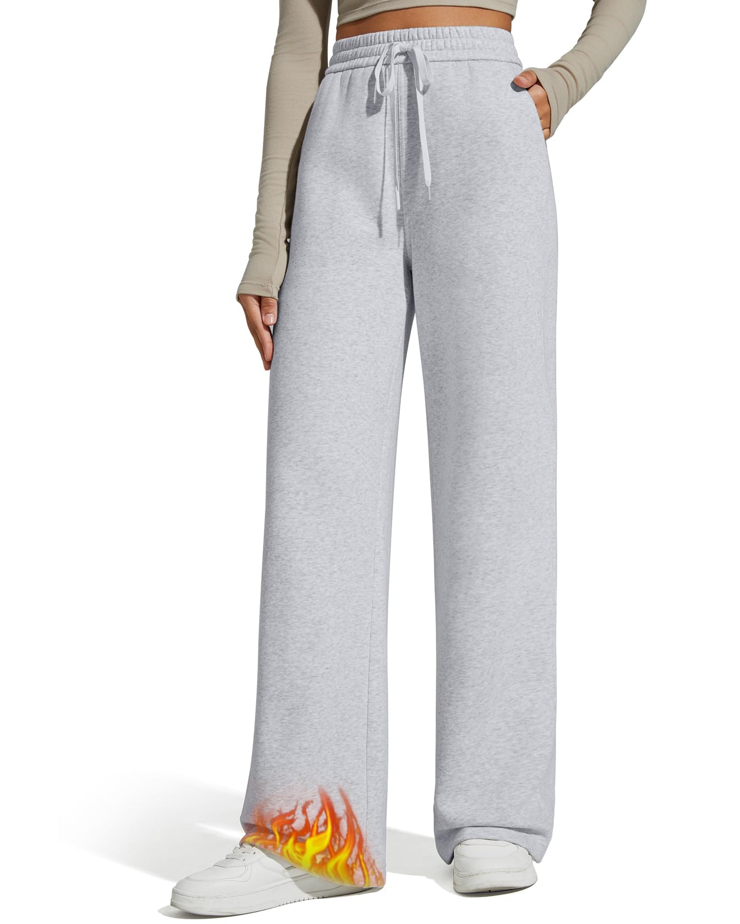 G4Free Fleece Lined Pants Women Comfy Cotton Wide Leg Pants Gray Sweatpants Baggy Elastic Waist Pants Winter Clothing (Light Heather,S,29'')