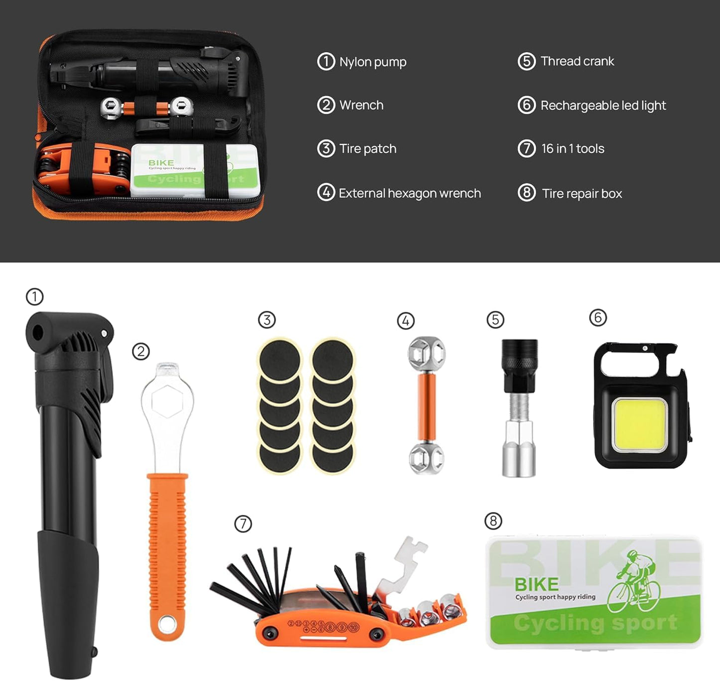 MORITAS PET Bike Repair Kit with Pump & LED Light — 16-in-1 Portable Bicycle Tool Bag, 120 PSI, Glueless Patches, Multi-Tool for Road, Mountain, Gravel & E-Bike