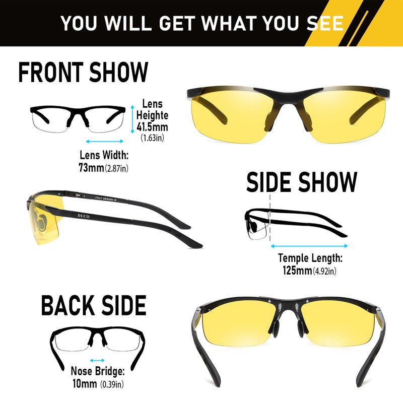 DUCO Night Driving Glasses Night Vision Glasses for Men Women Polarized Anti-Glare UV400 Metal Frame Yellow Lens 8125Y
