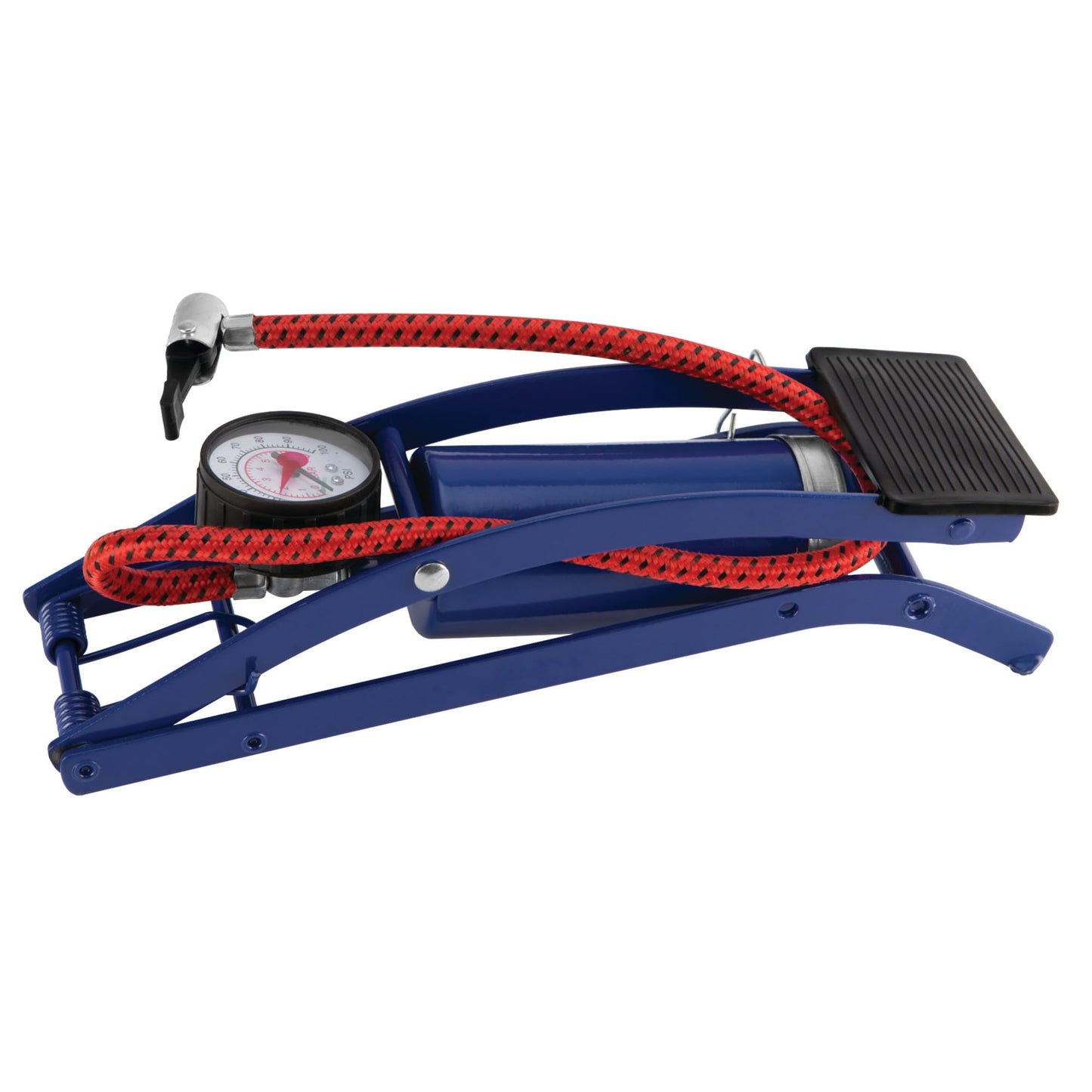 Performance Tool W1638DB Foot Pump for Bike Tires and Sports Equipment with Air Pressure Gauge, Braided Hose, and Needle Valve with Adaptors, 100 P.S.I Capacity, Blue