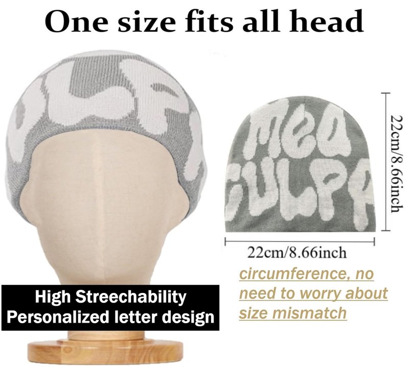 DadaFash Beanie Y2k Hat Acrylic Knit Skull Cap MEA Culpa Graphic Beanies Design Winter Warm Hats for Women Men Teenagers, Gray White