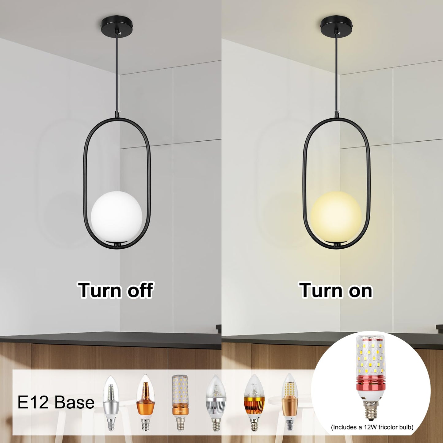 lobolighting Modern Pendant Lighting, 2 Pack Black Pendant Light Fixtures Adjustable Height Mid Century Chandelier, Frosted Glass Globe Single Hanging Light for Kitchen Island Dining Room Bedroom