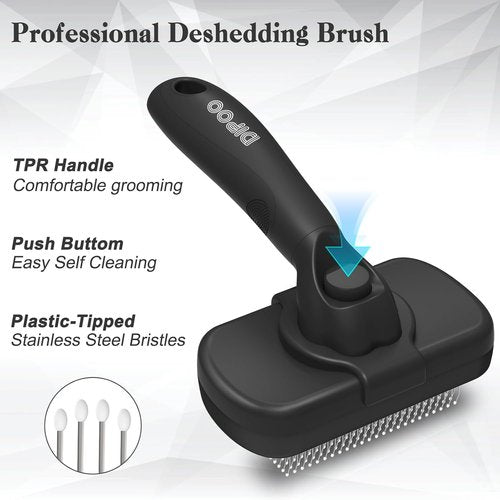 Dipoo Self-Cleaning Shedding Brush - Skin-Friendly Grooming Tool for Dogs & Cats | Deshedding & Hair Removal, Black