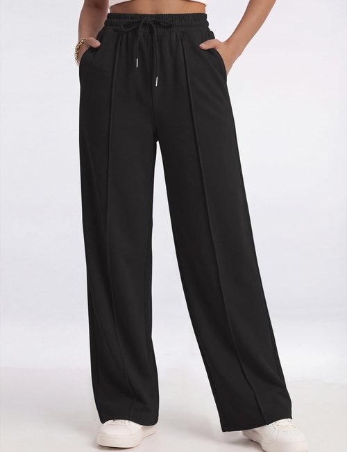 LOMON Womens Wide Leg Sweatpants High Waisted Drawstring Baggy Sweat Pants Teen Girl Joggers Pants with Pockets (Black,M)