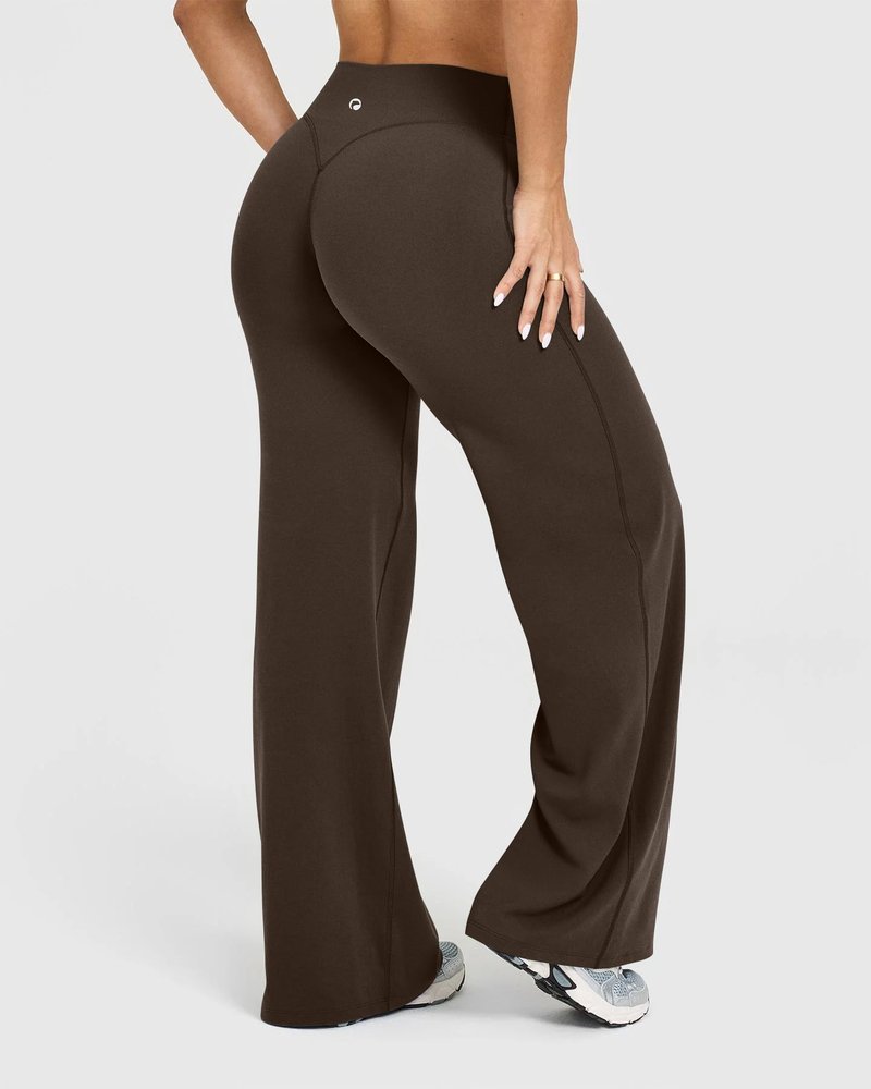 OQQ Yoga Pants Women High Waist Stretch Casual Soft Straight Leg Bottoms Darkbrown