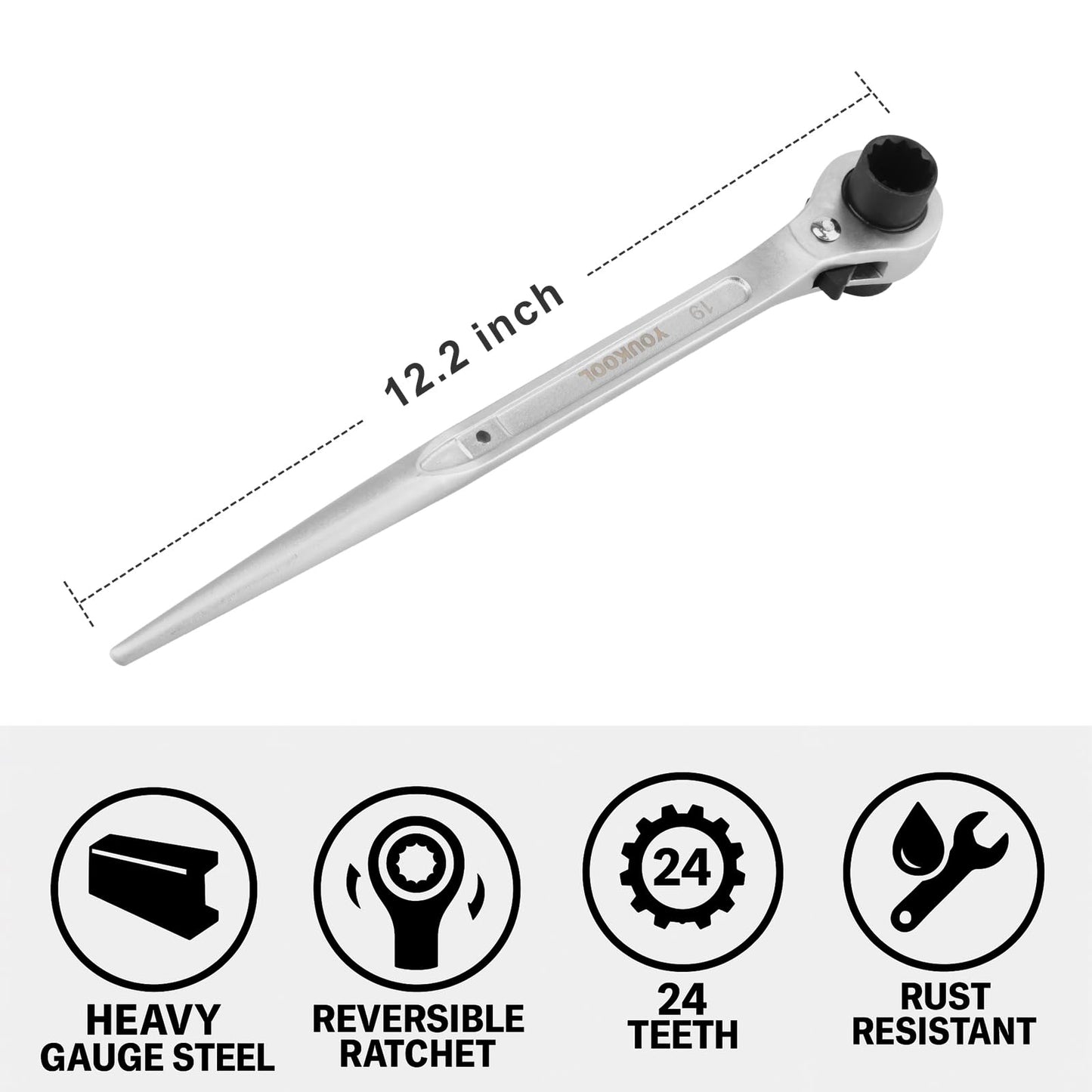 YOUKOOL 19mm x 22mm OR 3/4"×7/8" Ratcheting Scaffold Podger & Spud Wrench – 12-Point Double Ended Socket, Heavy-Duty Cr-V Steel Scaffold Tool,Silver