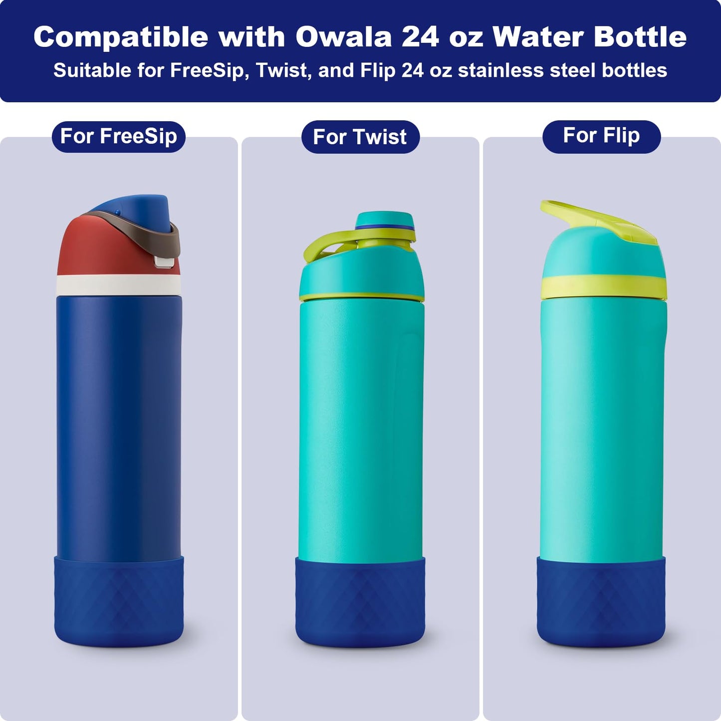 Alwenid 2PCS Silicone Water Bottle Boot for Owala 24 Oz, Anti-Slip Protective Sleeve Bottom Bumper Protector for FreeSip, Twist, and Flip Stainless Steel Water Bottles (Royal Blue)