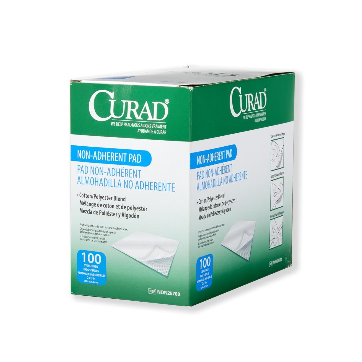 Curad Sterile Nonadherent Pad, Soft, Perforated, Absorbent, Cotton/Polyester, 2" x 3", Sterile, 100 pads