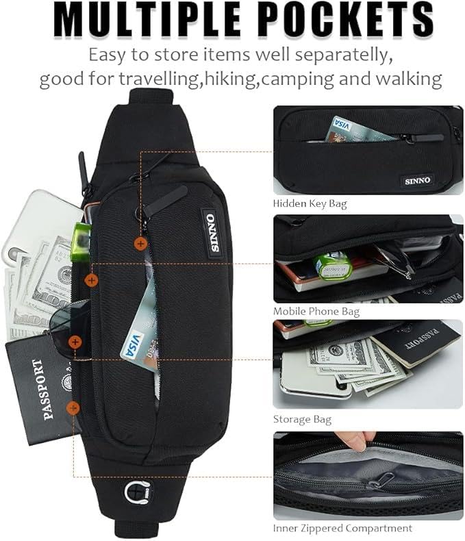 Large Black Crossbody Fanny Pack with 4 Zipper Pockets