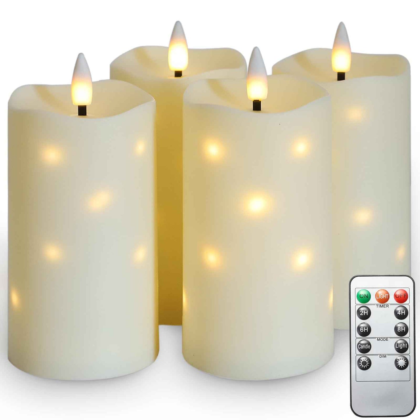 Lezonic Flameless Waterproof Outdoor Candles with Flickering Dancing Flame, 4Pcs Battery Operated Candles with Remote, Ivory LED Pillar Built-in String Lights for Patio Wedding Decor, 3.25" x 6"