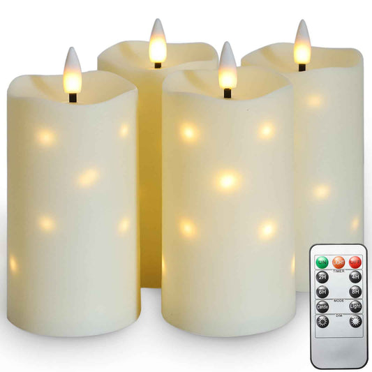Lezonic Flameless Waterproof Outdoor Candles with Flickering Dancing Flame, 4Pcs Battery Operated Candles with Remote, Ivory LED Pillar Built-in String Lights for Patio Wedding Decor, 3.25" x 6"
